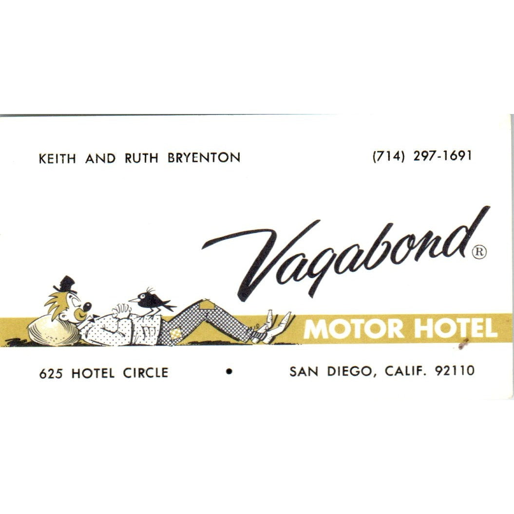 Keith & Ruth Breynton Vagabond Motor Hotel San Diego Vtg Business Card SD8-B22