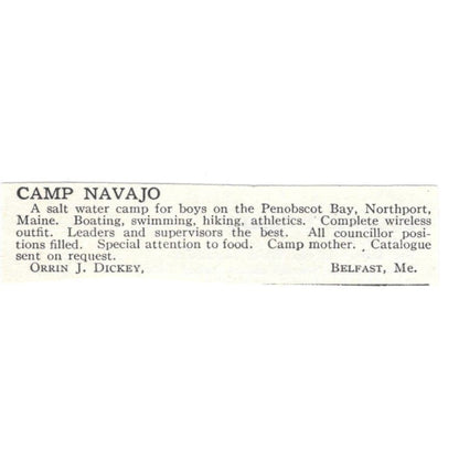 Camp Navajo Penobscot Bay Northport Orrin J. Dickey c1918 Advertisement AE5-SV6