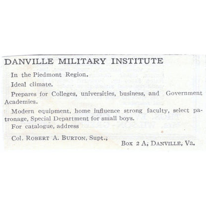 Danville Military Institute Robert A Burton Danville c1918 Advertisement AE5-SA3