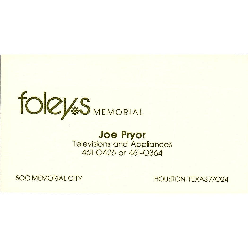 Foleys Memorial Joe Pryor Televisions Appliances TX Vintage Business Card SB4-B8