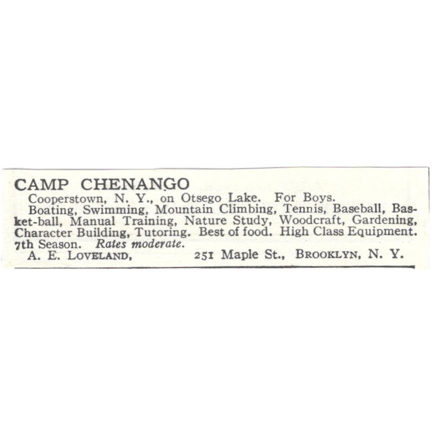 Camp Chenango Cooperstown NY A.E. Loveland c1918 Original Advertisement AE5-SA6