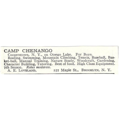 Camp Chenango Cooperstown NY A.E. Loveland c1918 Original Advertisement AE5-SA6