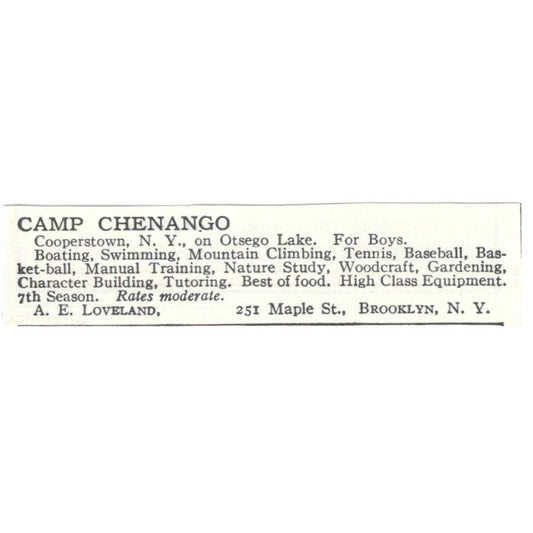 Camp Chenango Cooperstown NY A.E. Loveland c1918 Original Advertisement AE5-SA6