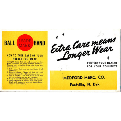 Medford Mercantile Co Ball Band Fordville ND Antique Blotter Card AJ5-H5