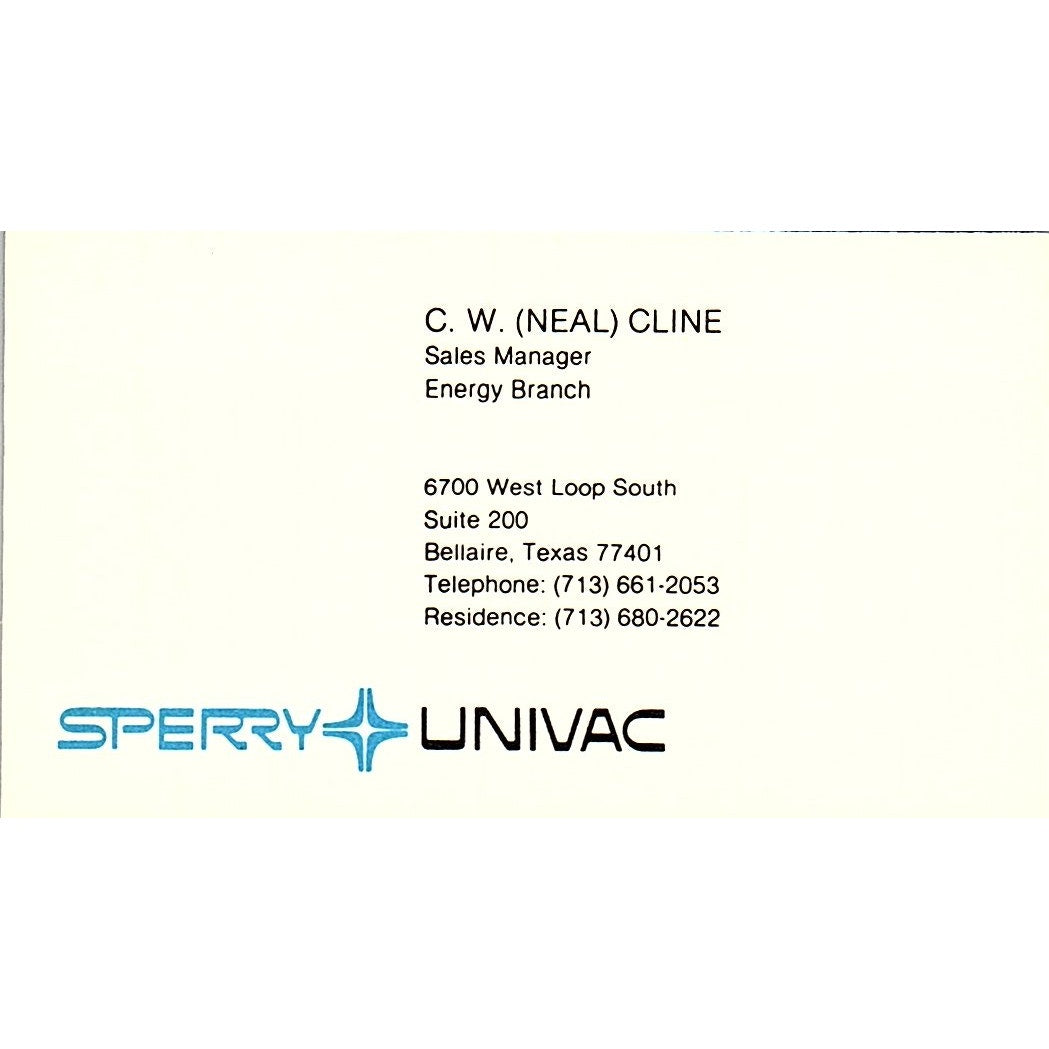 C.W. Neal Cline Sperry Univac Bellaire TX Vintage Business Card SD9-B2