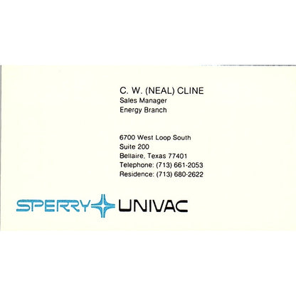 C.W. Neal Cline Sperry Univac Bellaire TX Vintage Business Card SD9-B2