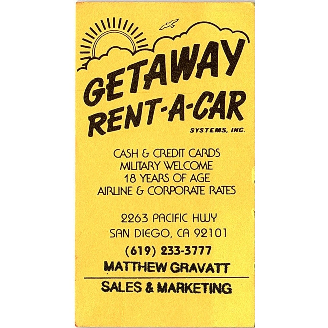 Getaway Rent-A-Car Matthew Gravatt San Diego CA Vintage Business Card SC9-B10