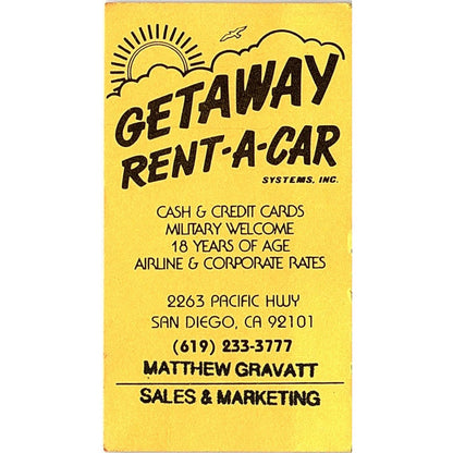Getaway Rent-A-Car Matthew Gravatt San Diego CA Vintage Business Card SC9-B10