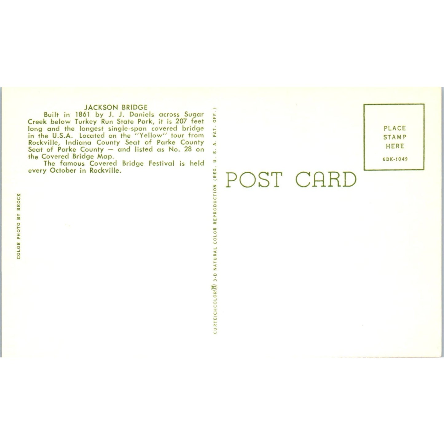 Jackson Bridge Sugar Creek Turkey Run State Park Vtg Covered Bridge Postcard PD3