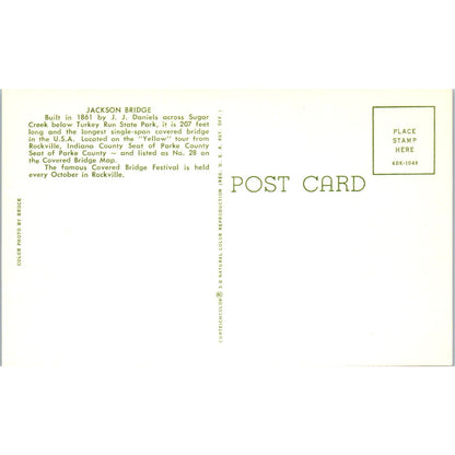 Jackson Bridge Sugar Creek Turkey Run State Park Vtg Covered Bridge Postcard PD3