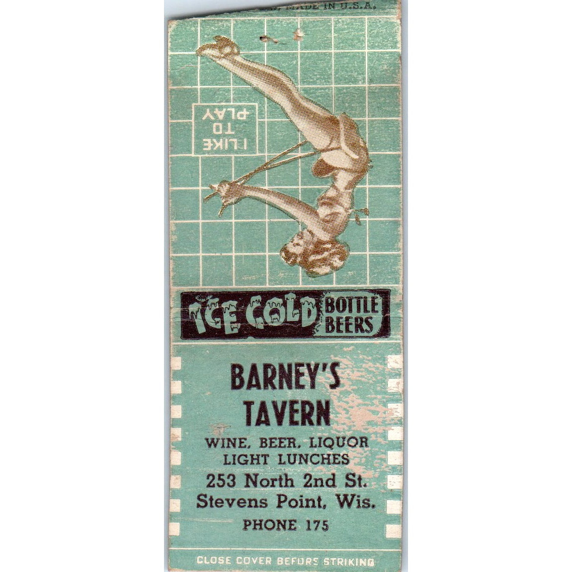 Barney's Tavern Stevens Point WI Pinup Vintage Matchbook Cover SD2-Y12