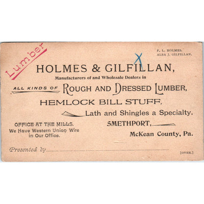 1890s Holme's & Gilfillan Lumber Trade Card Smethport McKean County PA AE6