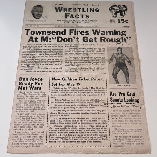 Geigel Scarpello Mr. M. Kowalski Apr 21 1962 Wrestling Facts Program & Card V1-3