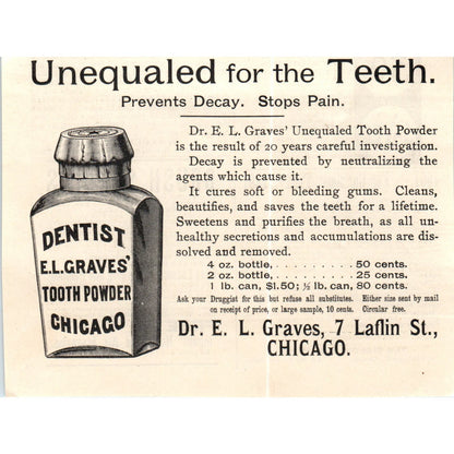 Dr. E.L. Graves Tooth Powder Chicago Dentistry c1890 Victorian Ad AE8-CH1