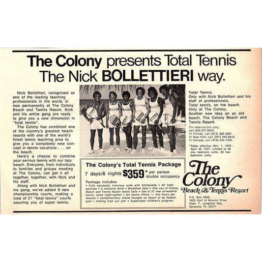 Nick Bollettieri Total Tennis The Colony Beach & Tennis Sarasota 1977 Ad AF3-5