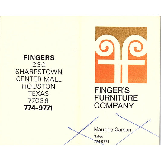 Fingers Furniture Company Maurice Garson Houston TX Vintage Business Card SB4-B2