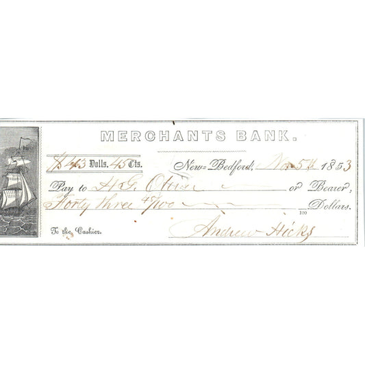 1853 Andrew Hicks Merchants Bank of New Bedford Check AF2-A3