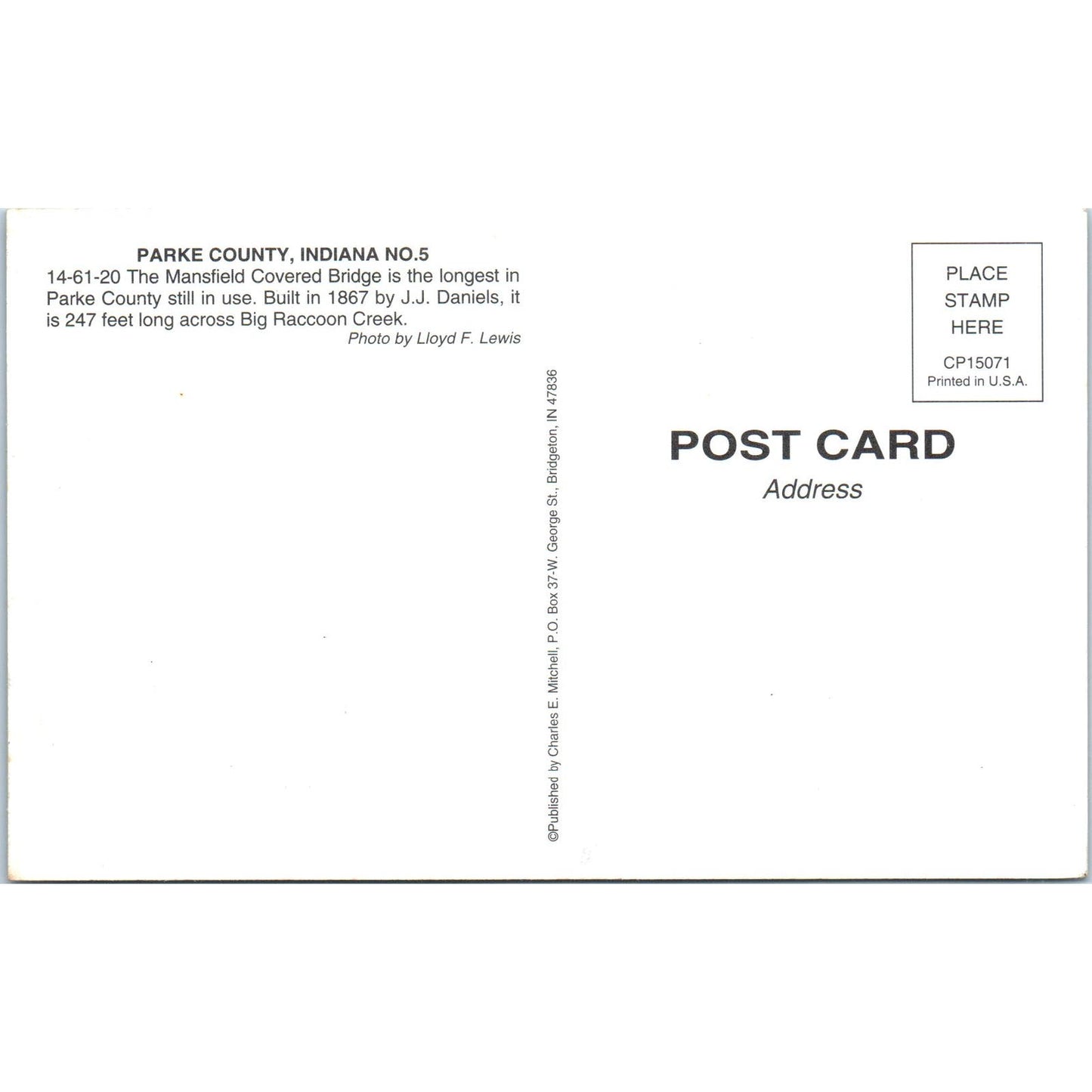 Mansfield Parke County 5 J.J. Daniels IN Vintage Covered Bridge Postcard PC15