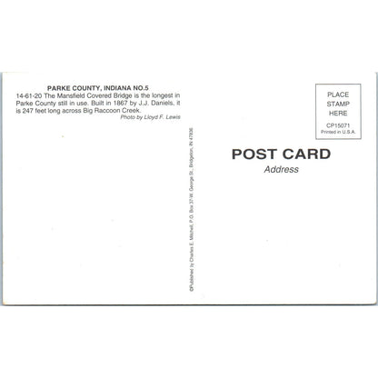 Mansfield Parke County 5 J.J. Daniels IN Vintage Covered Bridge Postcard PC15