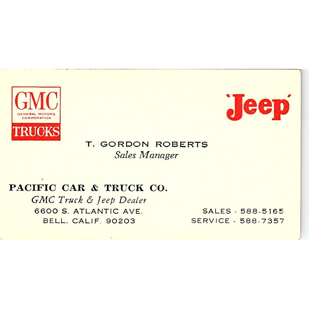 T. Gordon Robert Pacific Car & Truck GMC Jeep Bellflower CA Business Card SD9-B9