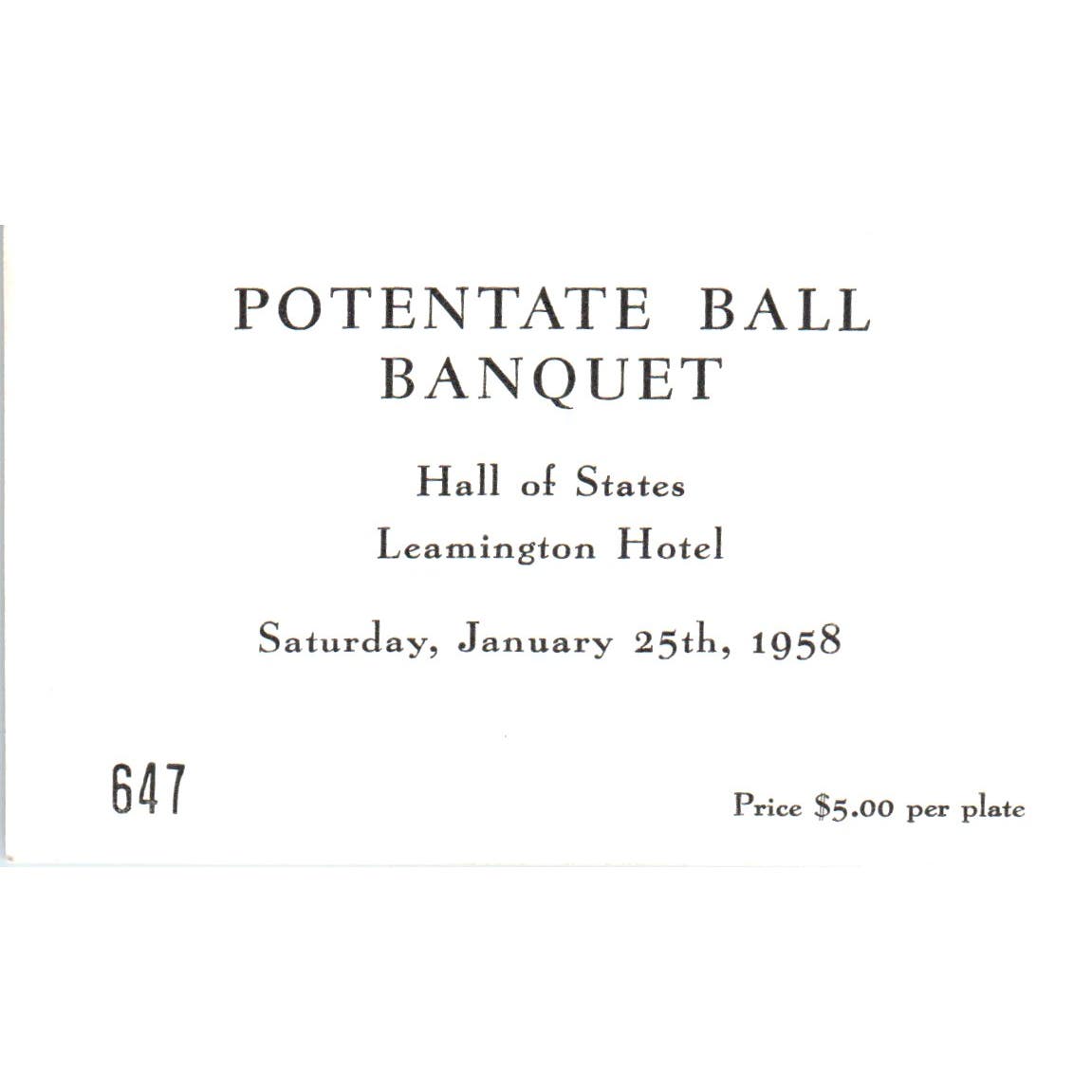 1958 Potentate Ball Banquet Leamington Hotel Stub AE2