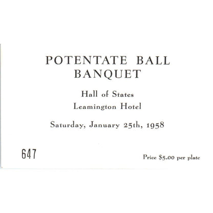 1958 Potentate Ball Banquet Leamington Hotel Stub AE2