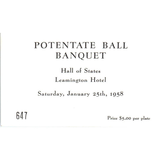 1958 Potentate Ball Banquet Leamington Hotel Stub AE2