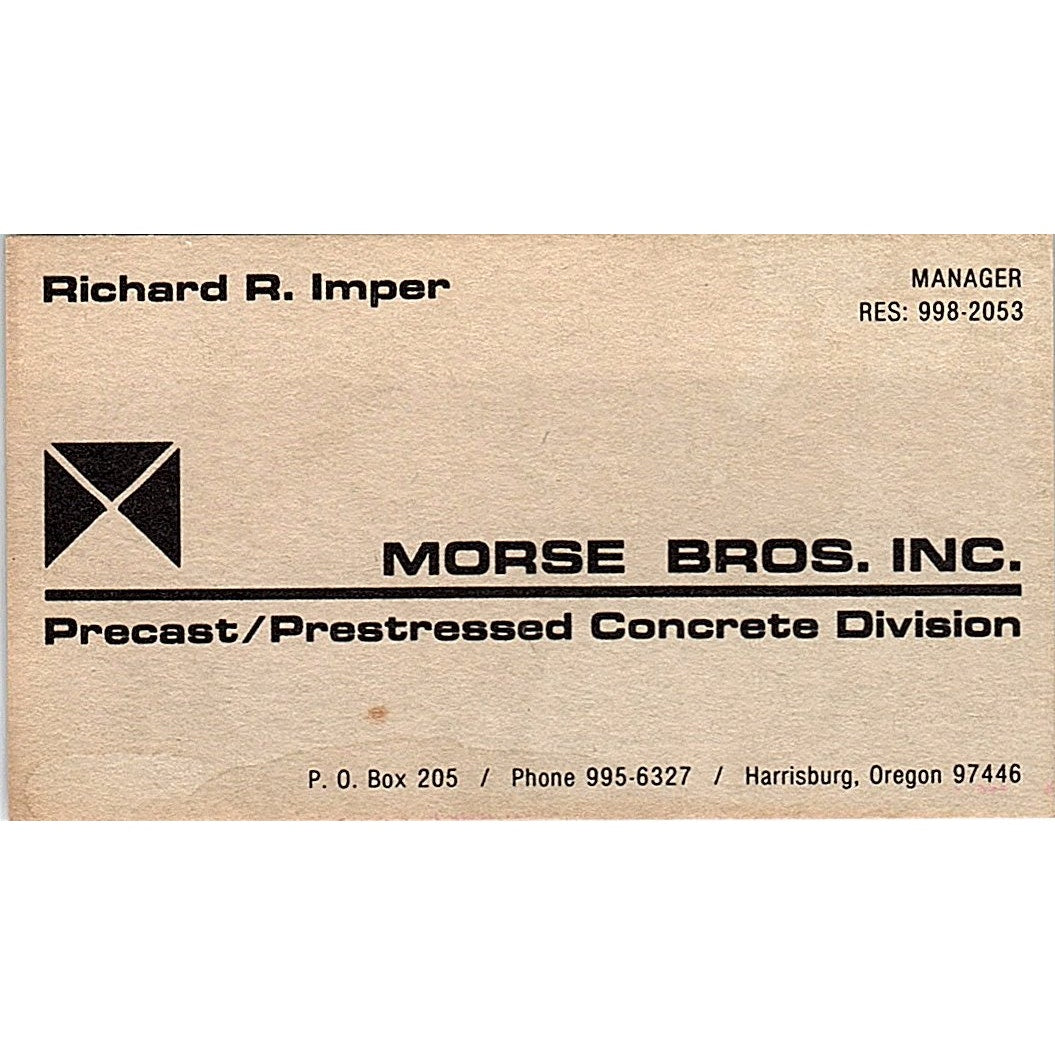 Richard R Imper Morse Bros Inc Harrisburg OR Vintage Business Card SD9-B3
