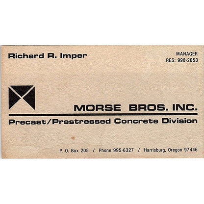 Richard R Imper Morse Bros Inc Harrisburg OR Vintage Business Card SD9-B3