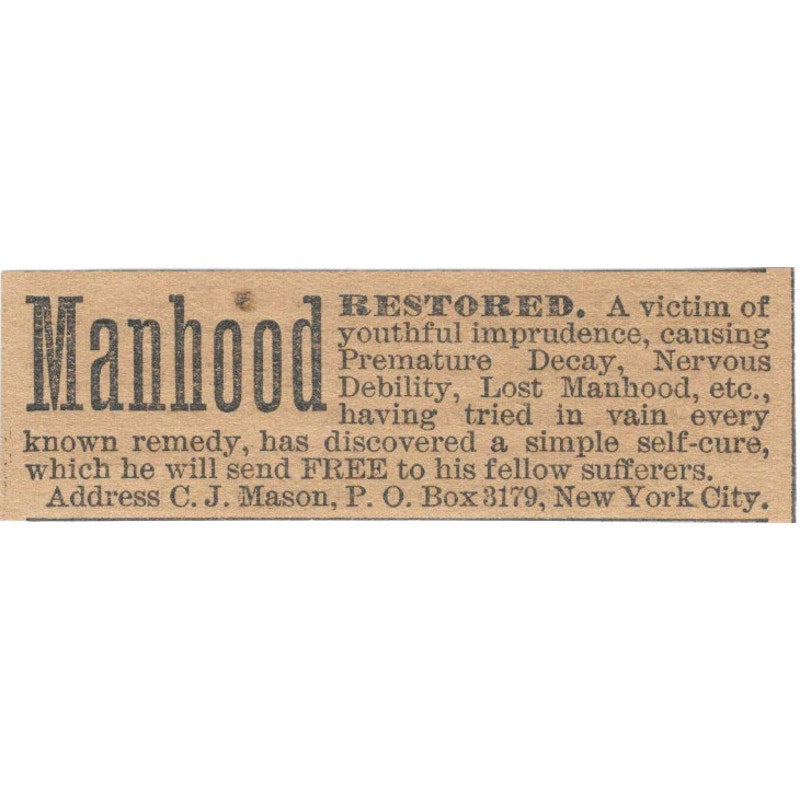 C.J. Mason Manhood Restored NY Hartford 1886 Newspaper Ad AF7-SS8