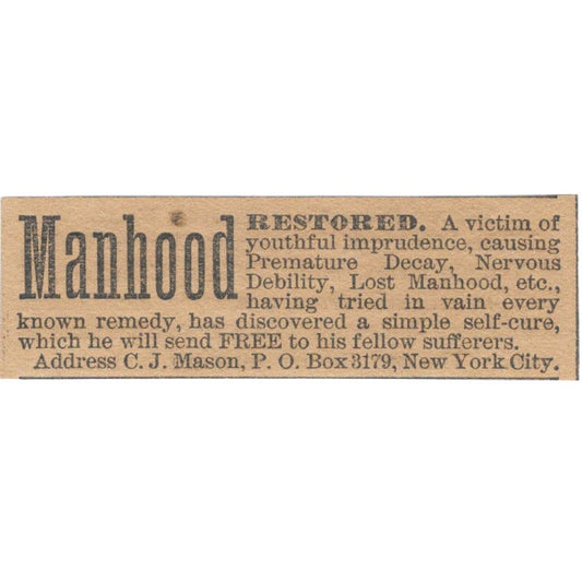 C.J. Mason Manhood Restored NY Hartford 1886 Newspaper Ad AF7-SS8