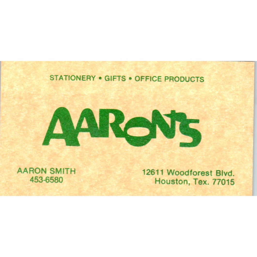 Aaron Smith Aaron's Office Supply & Printing Houston TX Vtg Business Card SE3-B5