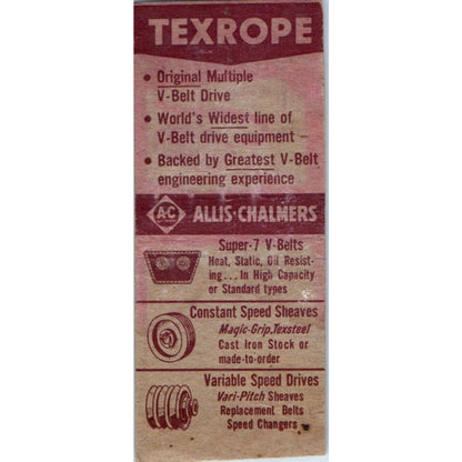 Allis-Chalmers Texrope V-Belt Drives Vintage Matchbook Cover SD2-Y13