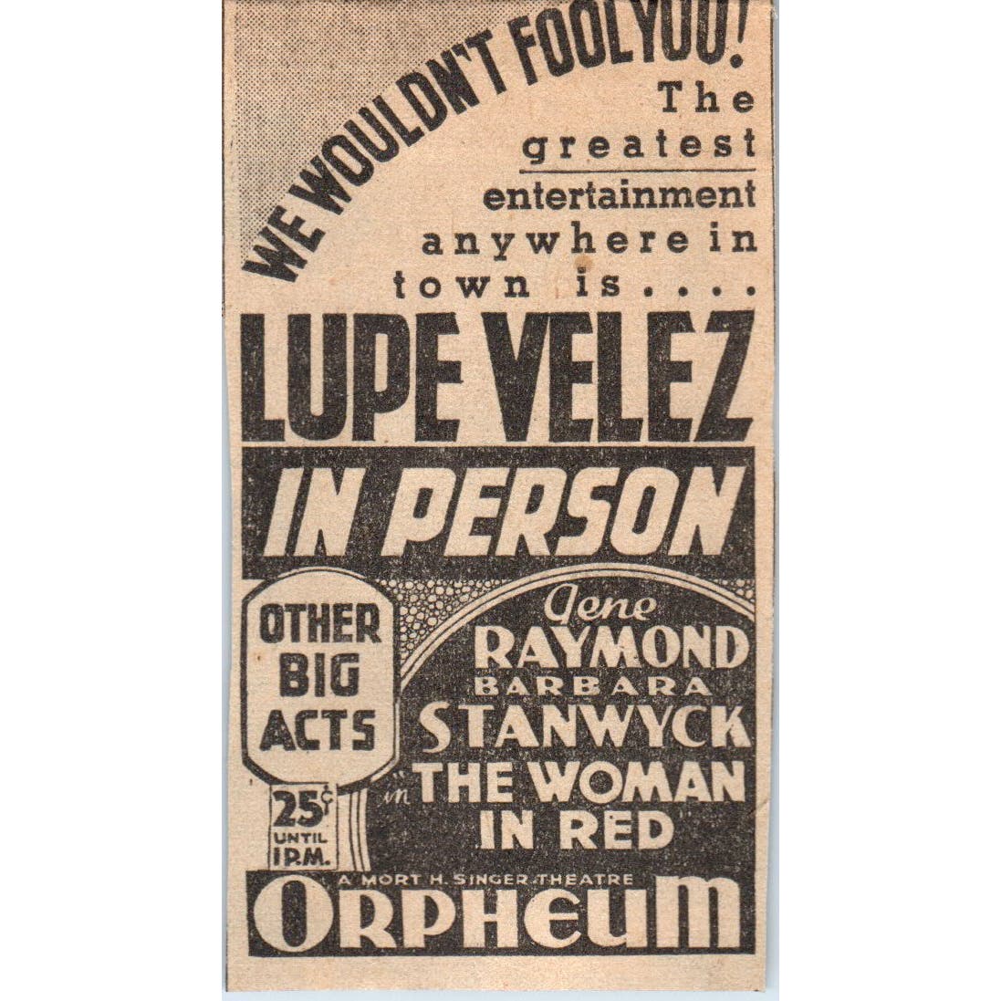 Lupe Velez at the Orpheum Theatre 1935 Minneapolis Journal Advertisement AE7-H2