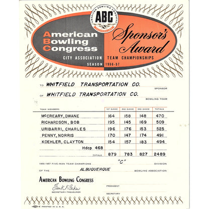 1956 American Bowling Congress Award Whitfield Transportation Albuquerque AF9-1