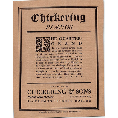 Chickering & Sons Quarter Grand Pianos Tremont St Boston - 1904 Ad AF5-6