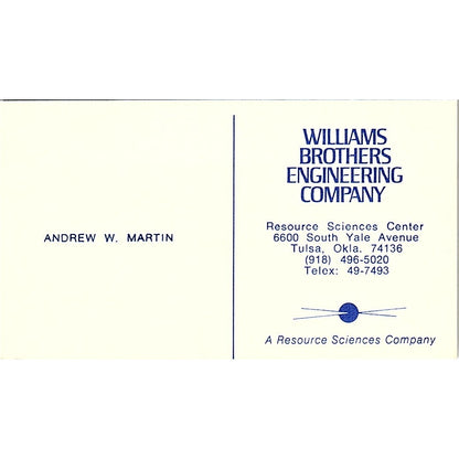 Williams Brothers Engineering Andrew W. Martin Tulsa Okla Business Card SF3-B5