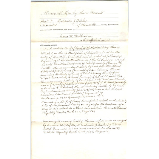 1919 Warranty Deed Melinda J. Fiske to Cora M. Wilkinson Worcester MA AF7-E6