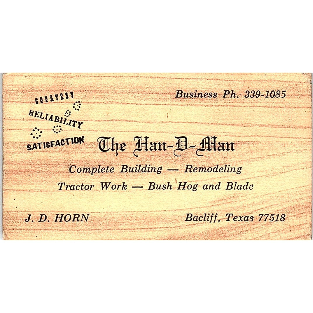 J.D. Horn The Han-D-Man Bacliff TX Vintage Business Card SC9-B6