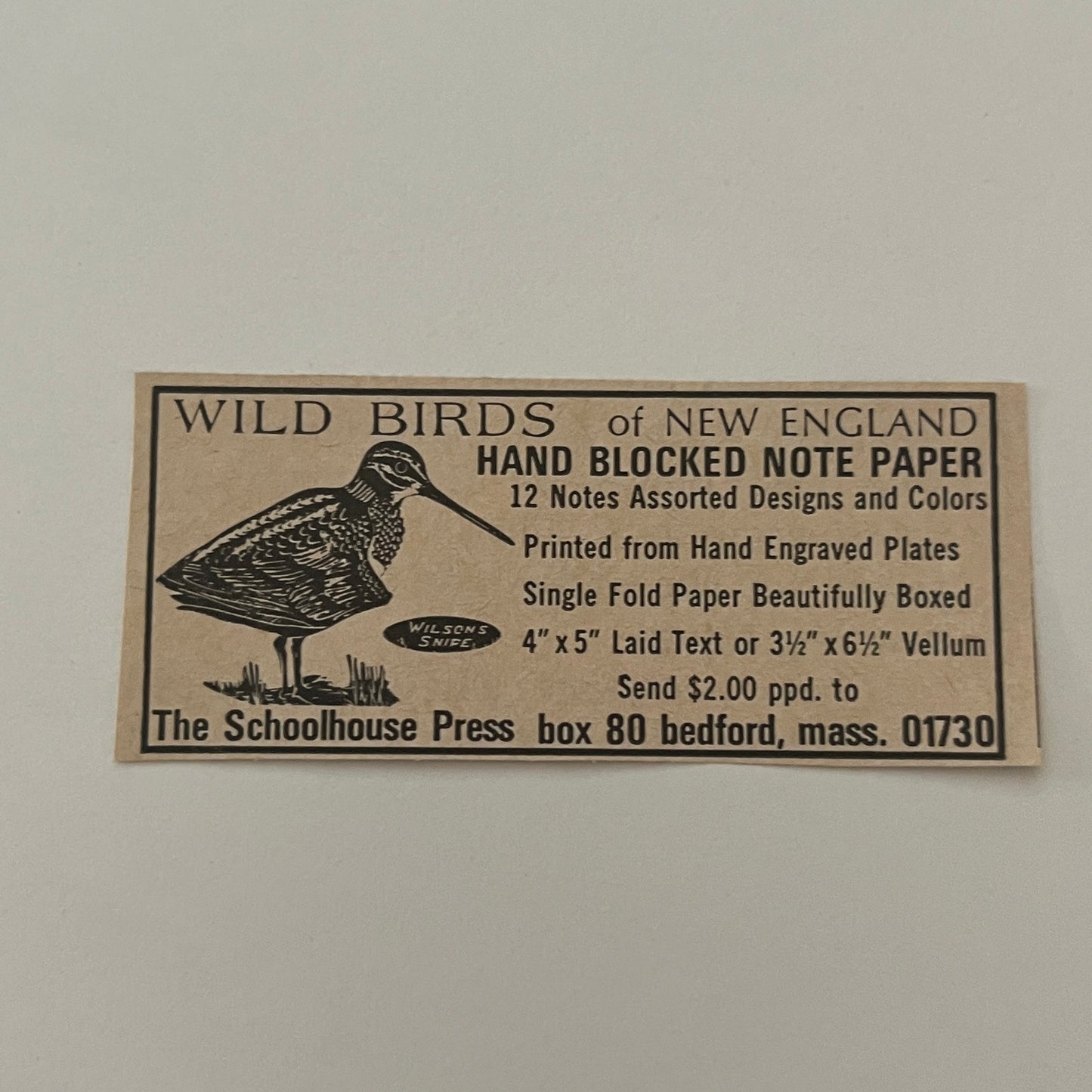 The Schoolhouse Press Wild Birds Bedford MA 1971 Magazine Ad SAG4-S18