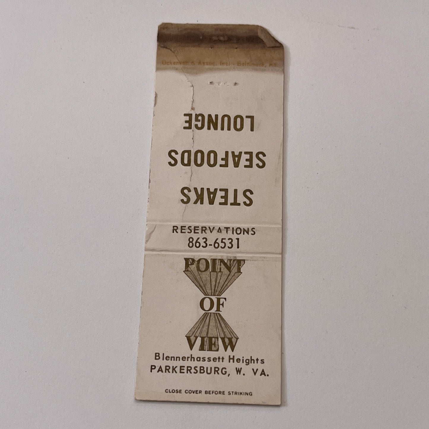 Point of View Blennerhassett Heights Parkersburg WV Vintage Matchbook TB6-MB1-15