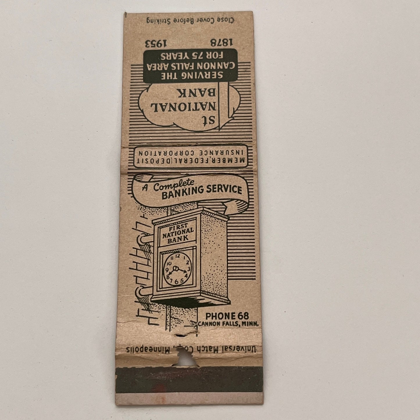 1st National Bank Cannon Falls Minnesota Vintage Matchbook TB6-MB2-15