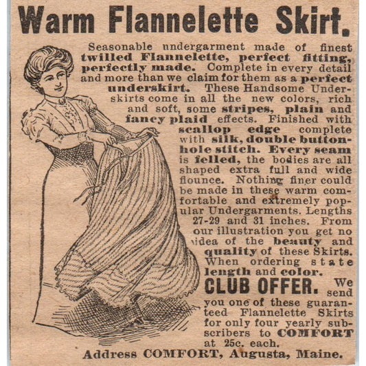 Flannelette Skirt Club Offer Comfort Augusta Maine 1910 Magazine Ad AF1-CM2