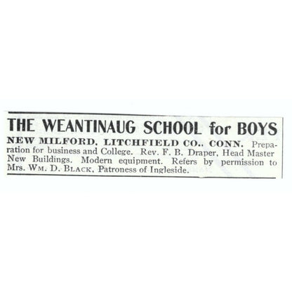 The Weantinaug School New Milford CT Wm. D. Black 1903 Magazine Ad AF7-SS1