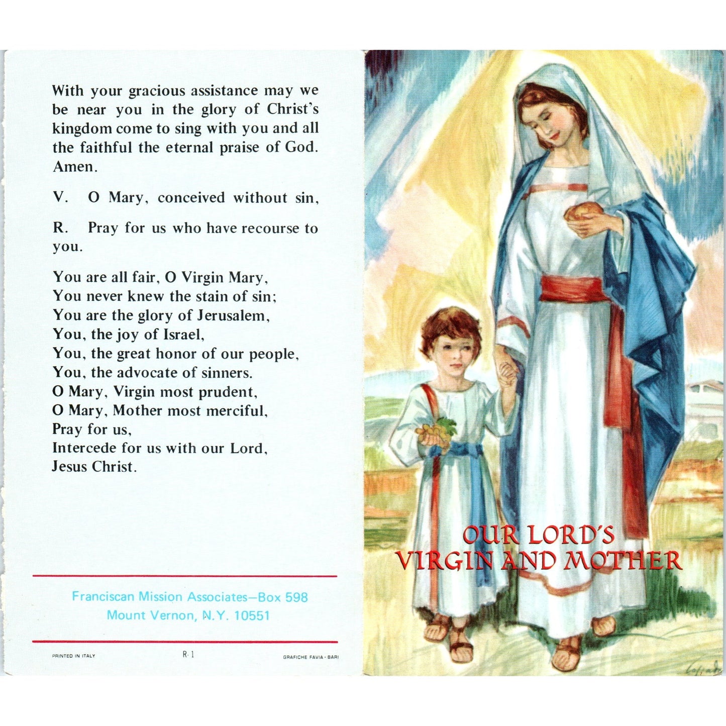 Our Lord's Virgin and Mother Vintage Catholic Prayer Leaflet TH2-PC2