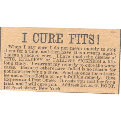 I Cure Fits - Dr. H.G. Root Pearl Street Hartford 1886 Newspaper Ad AF7-SS8