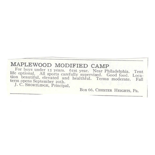 Maplewood Modified Camp Chester Heights PA J. C. Shortlidge c1920 Ad SAG4-S4