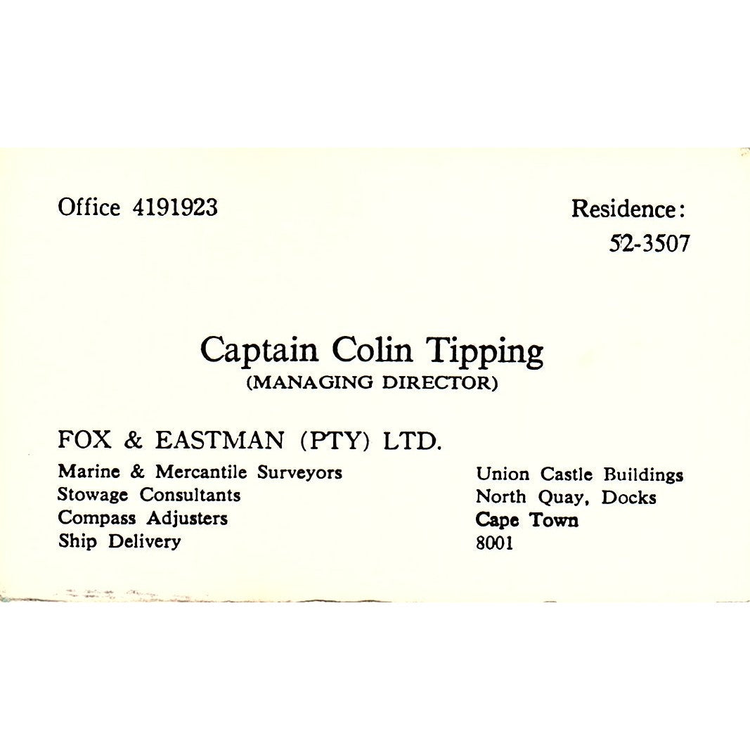 Captain Colin Tipping North Quay Cape Town Vintage Business Card SD9-B8