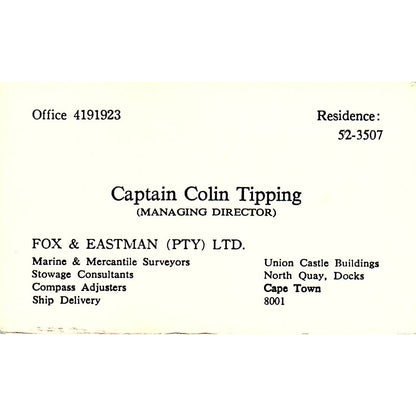 Captain Colin Tipping North Quay Cape Town Vintage Business Card SD9-B8