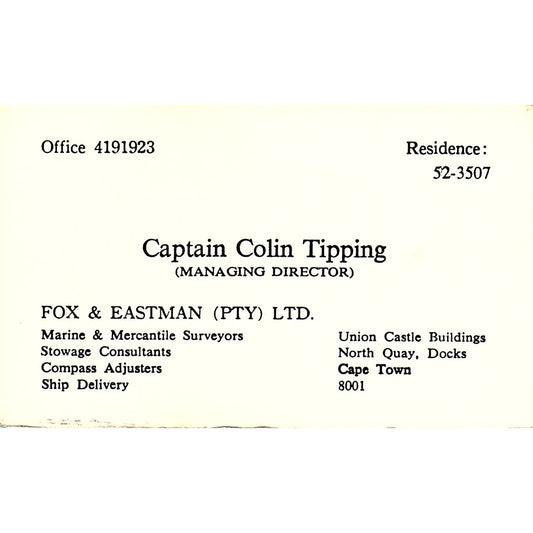 Captain Colin Tipping North Quay Cape Town Vintage Business Card SD9-B8